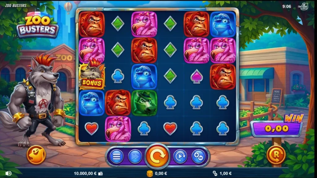 Zoo Busters سلاٹ کا مرکزی کردار ایک موہاک اسٹائل والا بھیڑیا