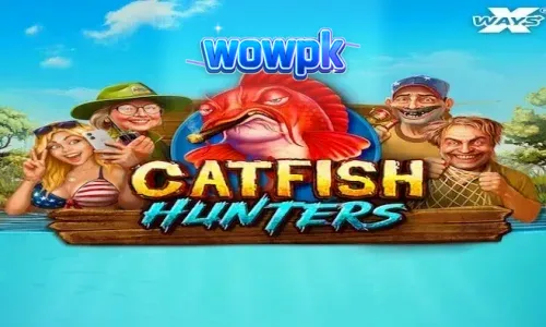 Catfish Hunters سلاٹ گیم کا ایک منظر جس میں آبی تھیم اور مچھلی پکڑنے کے آلات دکھائے گئے ہیں۔